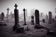 Misty View Of Dark Stone Crosses And Tombstones In A Deserted Graveyard. Halloween Concept. High Quality Illustration