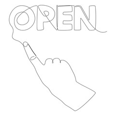 Poster - One continuous line of index finger pointng at Open word. Thin Line Illustration vector concept. Contour Drawing Creative ideas.