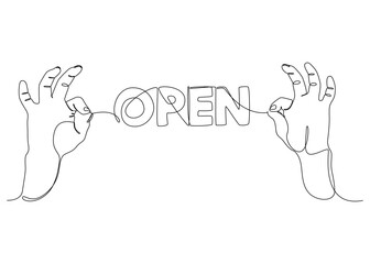 Poster - One continuous line of two hand holding a string with Open word. Thin Line Illustration vector concept. Contour Drawing Creative ideas.