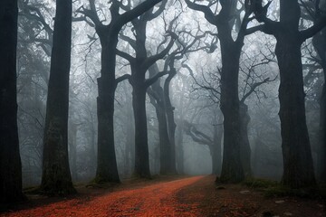 Wall Mural - Trail through a mysterious dark old forest in fog. Autumn morning in Crimea. Magical atmosphere. Fairytale