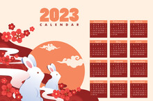 Yearly Calendar 2023 With Cute Bunny Farmer Gardener. Printable Planner, Organizer 12 Vertical A4 Monthly Page Templates And Cover. Vector Illustration. Mascot Year Rabbit