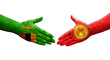 Handshake between Kyrgyzstan and Zambia flags painted on hands, isolated transparent image.