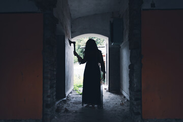 Wall Mural - Scary ghost woman in haunted house