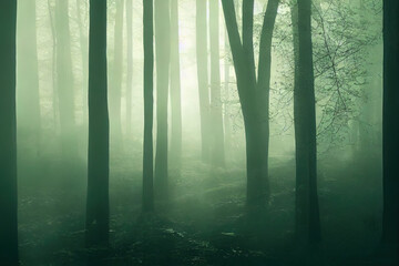 Sticker - Misty morning in the woods. Rays of light in the forest. Mist fog and the trees nature background.