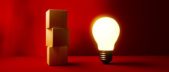 Poster - glowing light bulb with wooden blocks - 3d