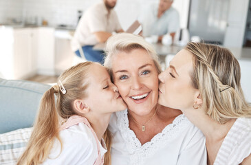 Wall Mural - Grandma, family and child giving a kiss on cheek and senior woman with smile sitting with mother and child on sofa at home. Portrait of happy grandparent bonding with girl and daughter on mothers day