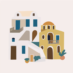 Santorini island, Greece. Beautiful traditional white architecture and traditional houses and churches with Blue domes over the Aegean caldera. Vector flat illustration.