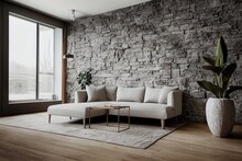 Grey Stone Wall Interior Room With Wooden Decor, Bookshelf, Sofa And Vase Of Plant, Middle Table, Carpet, Home Decoration.