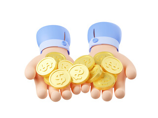 Two hands with pile of gold coins. Concept of money cash, wealth, financial success, savings or charity. Heap of dollar coins on human palms, 3d render illustration isolated on white background