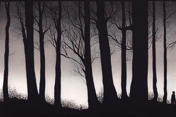 Wall Mural - man silhouette at the edge of a dark forest