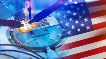 Poster - Chip manufacturing in USA. Chip testing equipment with American flag. Creating PCB under microscope. High-tech production in USA. Chip manufacturing in USA. Process of creating microcircuit. 3d image