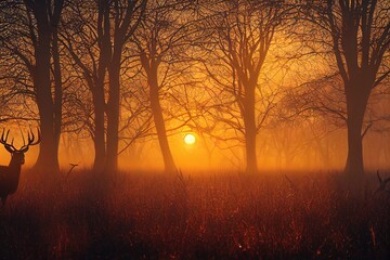 Canvas Print - Beautiful sunrise on field with red deer. Winter foggy frosty morning with deer. Winter sunny landscape with sunlight.