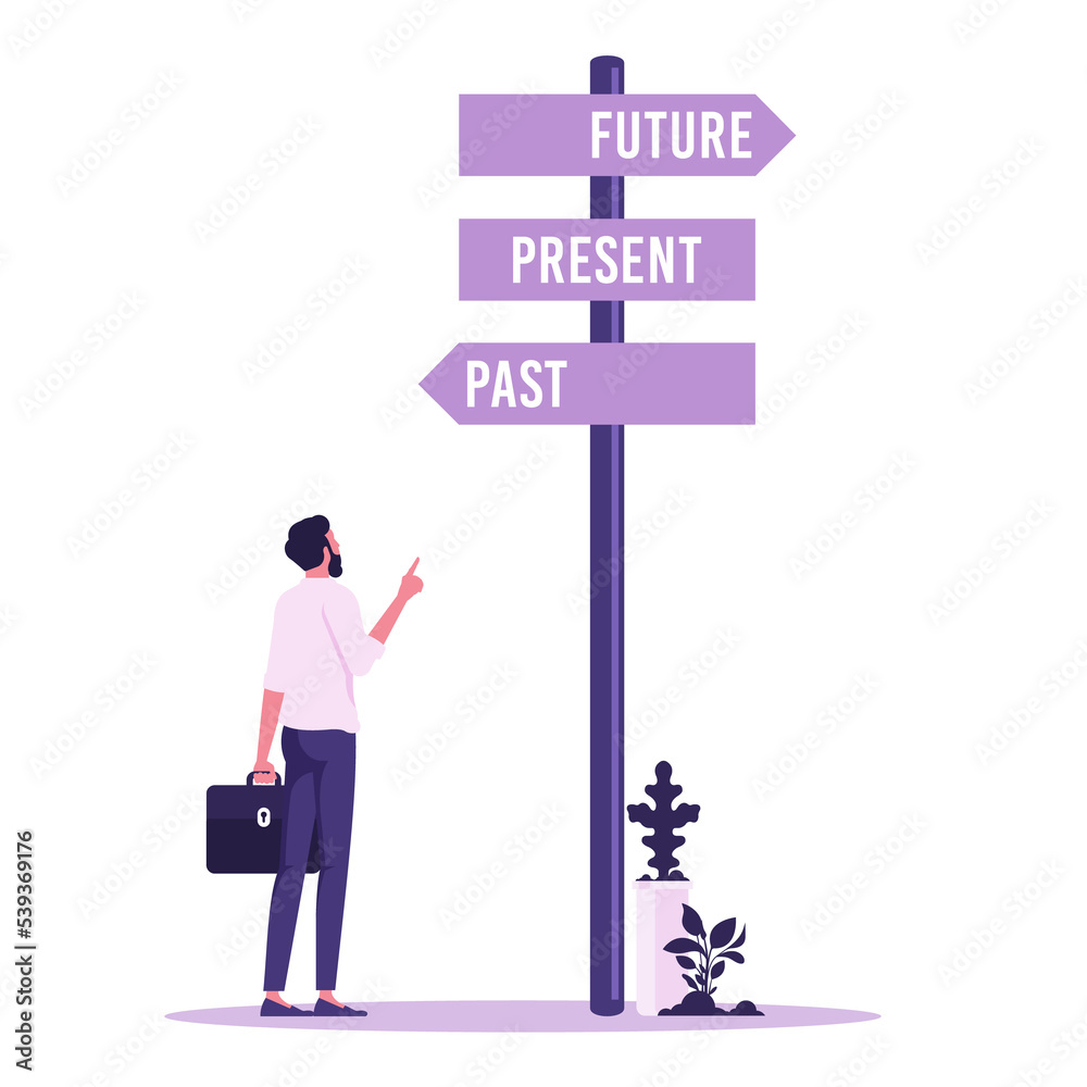Businessman and a signpost arrows showing three different options, past ...