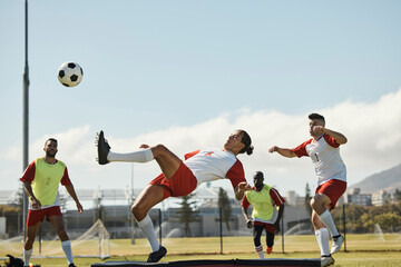 Poster - Sports, soccer and soccer player with team and soccer ball in power kick while playing on soccer field. Energy, fitness and football with football players competing in training, exercise and practice