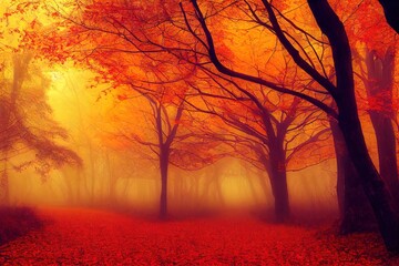 Sticker - Path in beautiful forest in fog at sunrise in autumn. Colorful landscape with enchanted trees with orange and red leaves. Scenery with trail in dreamy foggy forest. Fall colors in october. Nature