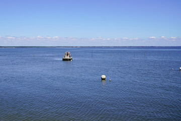 Canvas Print - water ocean beach in Cap Ferret near arcachon city in France with oyster boat and buoy