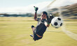 © Allistair/peopleimages.com - Soccer, sports and goalkeeper with a man saving a shot, goal or score during a game on a grass pitch field. Fitness, football and training with a male athlete making a save during a practice session