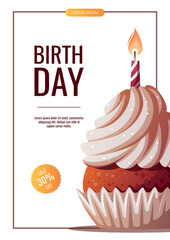 Canvas Print - Birthday promo sale flyer with cupcake. Birthday party, celebration, holiday, event, festive, bakery, tasty food concept. Vector illustration. Banner, flyer, advertising.