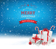 Christmas background with fir branch and decorative elements. Blue Christmas background with Christmas balls and presents