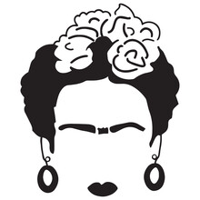 Black And White Frida Silhouette, Portrait Of Modern Mexican Woman With Skull Earring, Vector Illustration Isolated On Transparent Background. Dia De Los Muertos