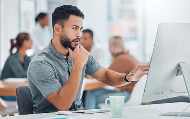 Canvas Print - Startup, office and man at desk with computer working on creative project for marketing or advertising business. Businessman, graphic designer or software developer working on digital transformation.