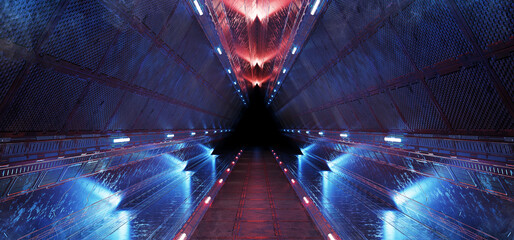 Poster - Futuristic interior corridor with blue red neon lights walls. Triangle shaped spaceship background in space station. Pyramid style tunnel with lit path way. Cyber room with laser. 3d rendering