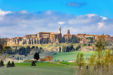 View towards Pienza on a hill in the Val d'Orcia in Tuscany, Italy.