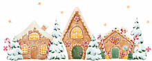 Beautiful Christmas Clip Art Composition With Hand Drawn Watercolor Cute Gingerbread House With Snow Fir Trees. Stock Illustration.