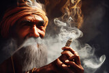 Fototapeta  - AI generated or 3D illustrated image of a Naga Sadhu from India, smoking a chillum. Not based on a real human or photo 