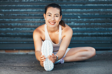 Canvas Print - Fitness, woman and stretching with smile on street for warm up exercise, workout and health in the outdoors. Active female in leg stretch for healthy sports training or practice for cardio routine