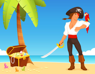 colorful illustration for kids - a handsome young pirate on a treasure island, guarding a chest full of gold