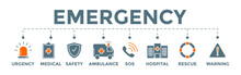 Emergency Banner Web Illustration Concept With Urgency Icon, Medical Icon, Safety Icon, Ambulance Icon, Sos, Hospital, Rescue, And Warning Icon