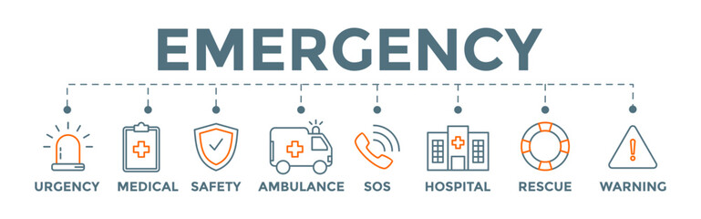 Emergency banner web illustration concept with urgency icon, medical icon, safety icon, ambulance icon, sos, hospital, rescue, and warning icon