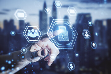 Poster - Close up of businessman hand using abstract glowing padlock hologram on blurry city background. Secure web and protection concept. Double exposure.
