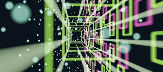 Poster - Abstract background with perspective view effect of bright and blurred dots and green and pink squares on dark backdrop. 3D rendering