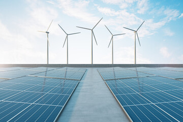 Poster - Renewable energy concept with concrete trail between solar panels and wind turbines on blue sky background. 3D rendering