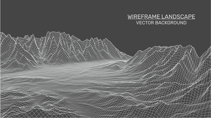 Fototapete - Abstract landscape background. Mesh structure. Polygonal wireframe background. 3d technology vector illustration	