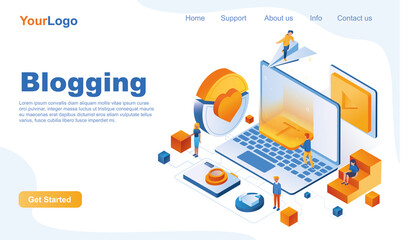 Blogging isometric landing page template. Creating content for blog, working on social networks 3d concept. Blogger writes articles, posting videos, collects likes. Illustration in flat design