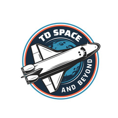Poster - Spaceship icon of space rocket shuttle for galaxy exploration, vector symbol. Space aviation sign of spacecraft shuttle for planets discovery, lunar or mars mission and galactic spaceflight travel