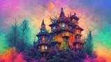 Fototapeta Sport - Halloween magical fairytale haunted treehouse castle with a colorful background.