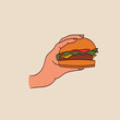 Hands holding fast food, street snacks set. Arms with takeaway burger. Hand drawn style illustration.