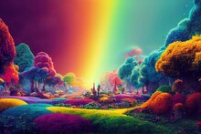 Fantasy Concept Showing A Big Colorful Rainbow In A Enchanted Fantasy Garden. Digital Art Painting