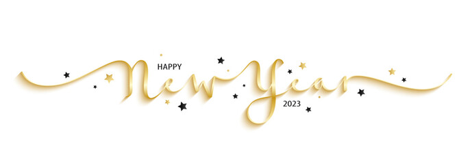 Poster - HAPPY NEW YEAR 2023 gold brush calligraphy banner with black and gold stars on transparent background
