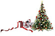 PNG, trasparente. Natale. Regali di Natale accanto a decorazioni natalizie e Albero di Natale