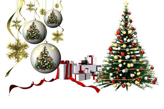Wall Mural -  - PNG, trasparente. Natale. Regali di Natale accanto a decorazioni natalizie. Albero e palle di Natale.