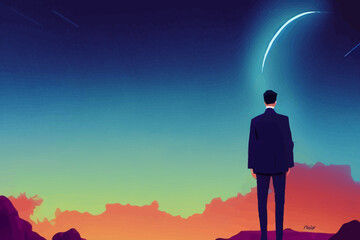 Wall Mural - man in suit looking on futuristic landscape