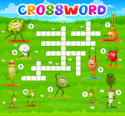Aufkleber - Cartoon vegetables on yoga fitness crossword grid. Find a word quiz game. Vector worksheet with funny olive, artichoke, pepper and radish, cauliflower, mushroom, onion with corn, potatoes and beans