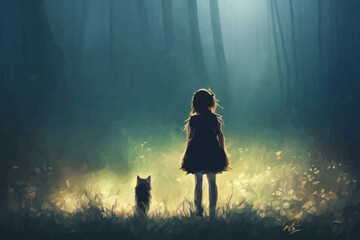 wild little girl with her wolf, cat standing in the forest vector