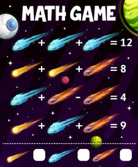 Poster - Starry galaxy galaxy space with asteroids and comets, math game worksheet. Cartoon vector educational quiz teaser, puzzle for counting and mathematics skills development. Numeracy riddle for kids