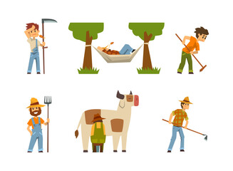 Sticker - Young Man Farmer Working in the Field with Scythe, Resting in Hammock and Milking Cow Vector Set